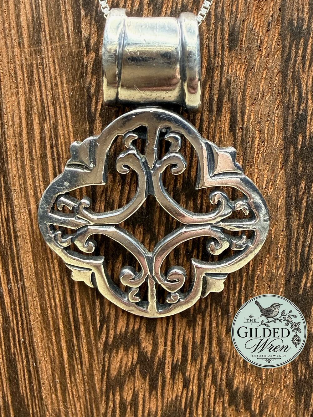Vintage 925 Sterling Silver Ornate Openwork Scroll Pendant Necklace 16” 8.83g